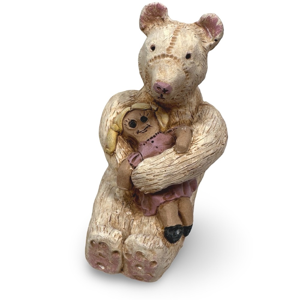 Vintage L. Head 1985 Hand Carved Wood Bear with Rag Doll Folk Art Figurine